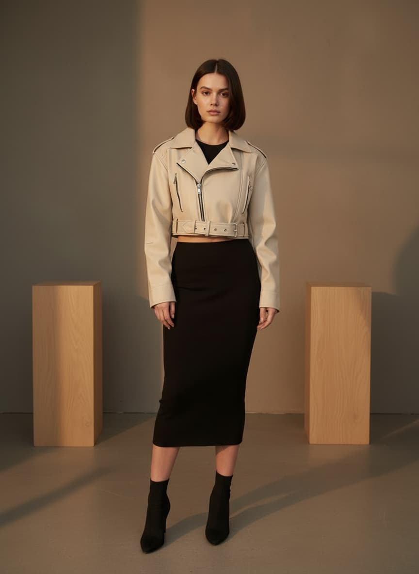 Sandstone Cropped Biker Jacket